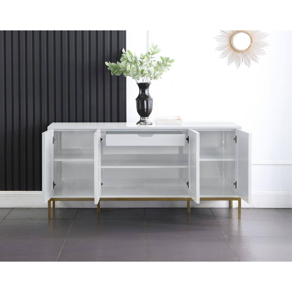 Modern White Lacquer Sideboard with Gold Accents and Soft-Close Drawers