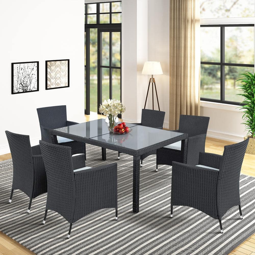 Black 7-Piece Outdoor Wicker Outdoor Dining Patio Rattan Furniture Set with