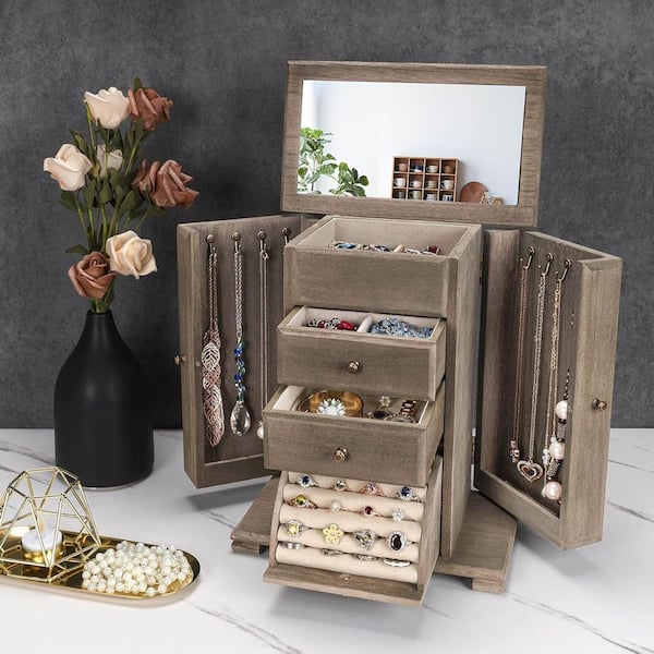 Weathered Gray 10.5 in. x 12.6 in. Wood Rustic Jewelry Organizer Box