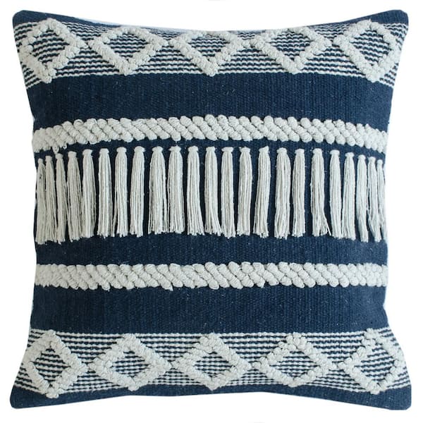 Unbranded Textured Blue / Ivory Diamond Stripe Durable Poly Fill 20 in. x 20 in. Indoor Throw Pillow
