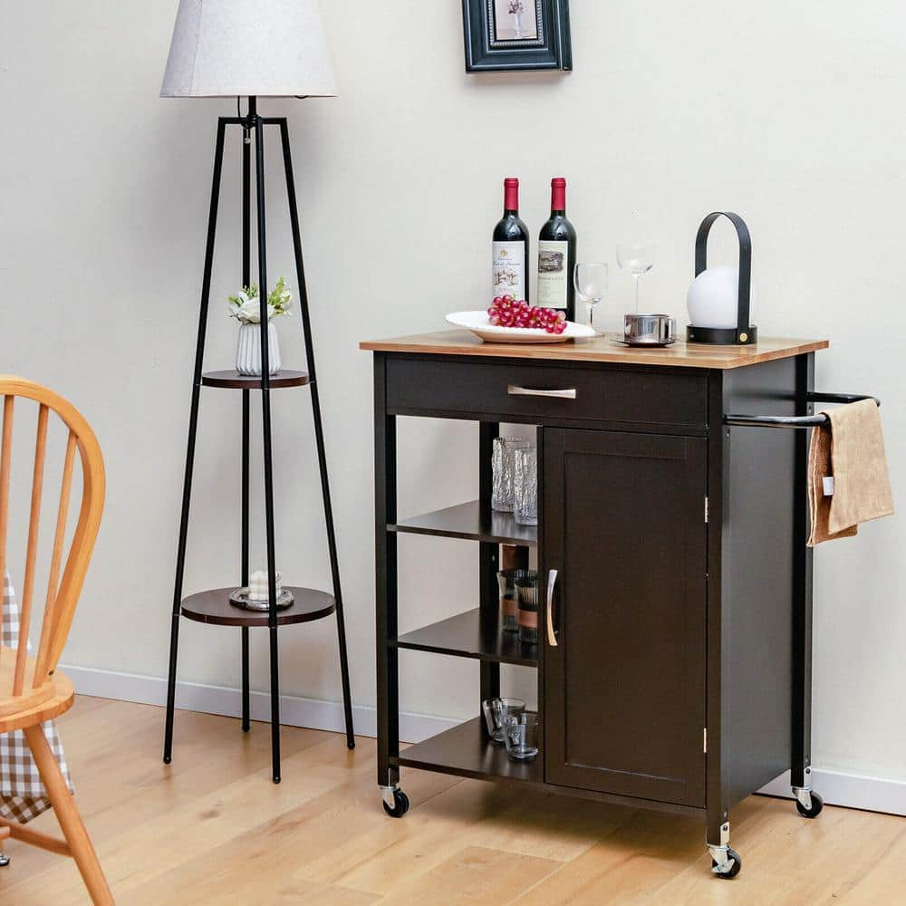 ANGELES HOME 34.5 in. Brown Wood Kitchen Cart Island with Rubber Wood Top