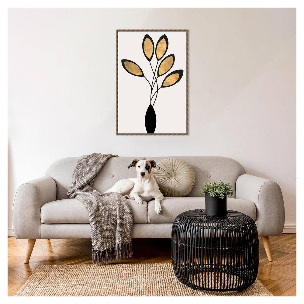 23"x33" Black and Gold Abstract Floral Canvas with Bronze Frame