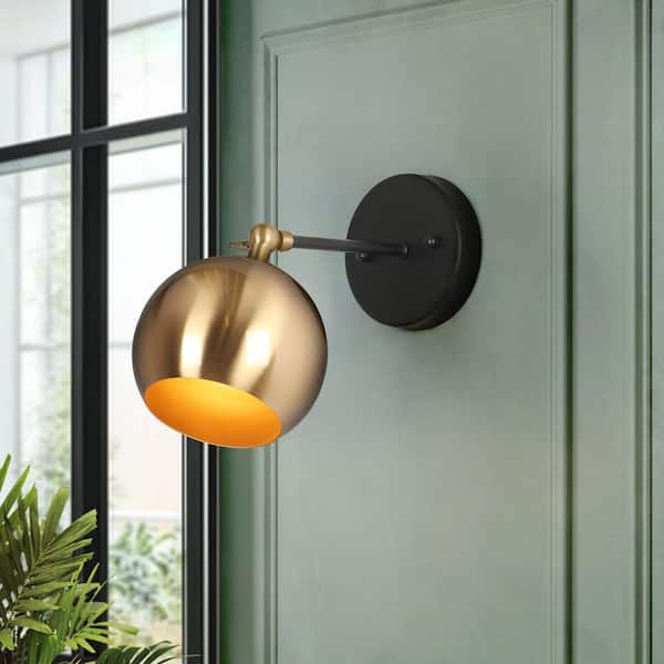 Bramm Adjustable Modern 1-Light Black Indoor Wall Sconce, Polished Brass Wall Light, Farmhouse Globe Light Fixture