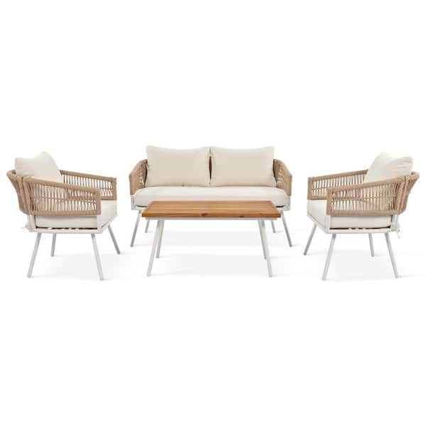 WELLFOR 4-Piece Metal Boho Rope Patio Conversation Set with Beige Cushions and Acacia Wood Table