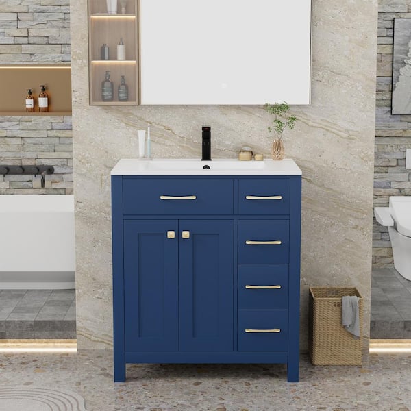 eclife 30 in. W x 19 in. D x 34 in. H 1-Sink Freestanding Bath Vanity in Blue with White Ceramic Top and Drain Faucet Set