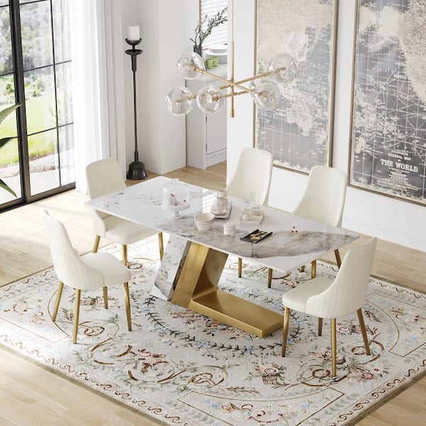 J&E Home 78.74 in. White Sintered Stone Tabletop Dining Room Table with Stainless Steel Base (Seats 8-10)
