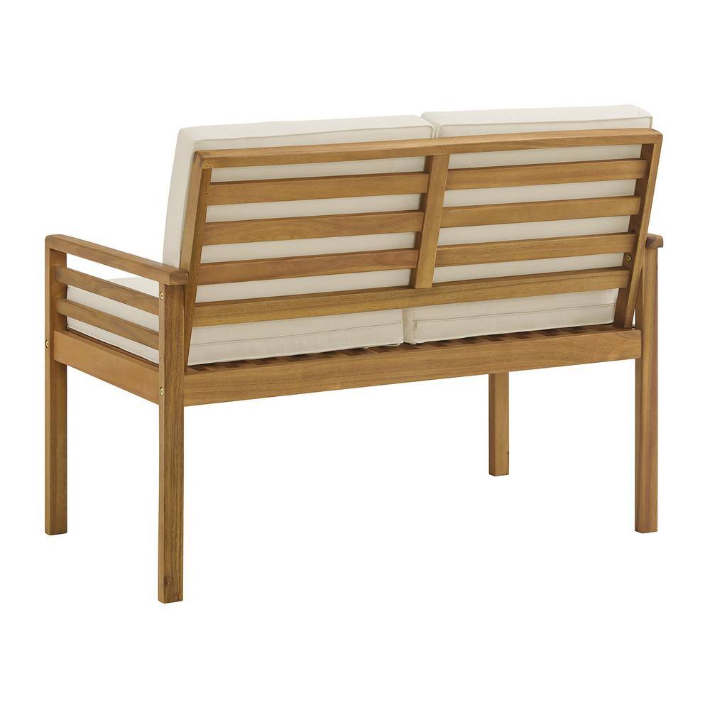 Natural Wood Two-Seater Outdoor Bench with Cream Cushions