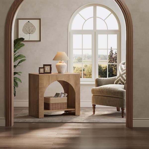 Kerlin 27.56 in. Brown Rectangular Wood End Table with 2 Storage Shelves