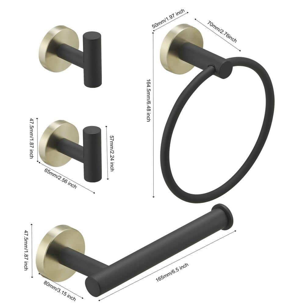 Brushed Gold and Black Metal 4-Piece Bathroom Hardware Set