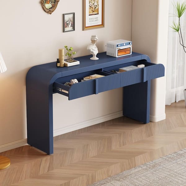55 in. Navy Blue Rectangle MDF Modern Fluted Console Table with 2-Drawers, Rounded Entryway Table