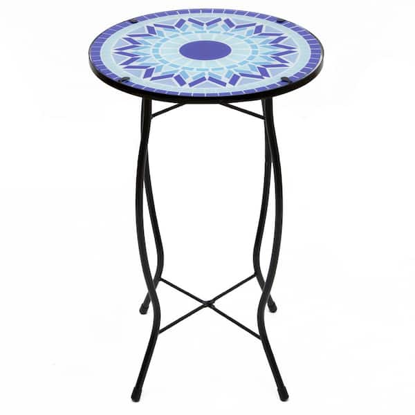Northlight 19 in. Blue Sun Mosaic Glass Patio Side Table
