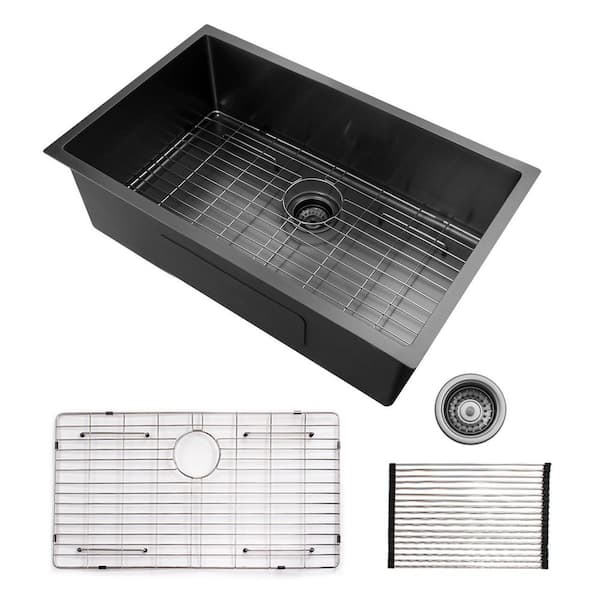 INSTER 16 Gauge Stainless Steel 32 in. Single Bowl Undermount Workstation Kitchen Sink with Bottom Grid, Roll-up Rack, Drainer