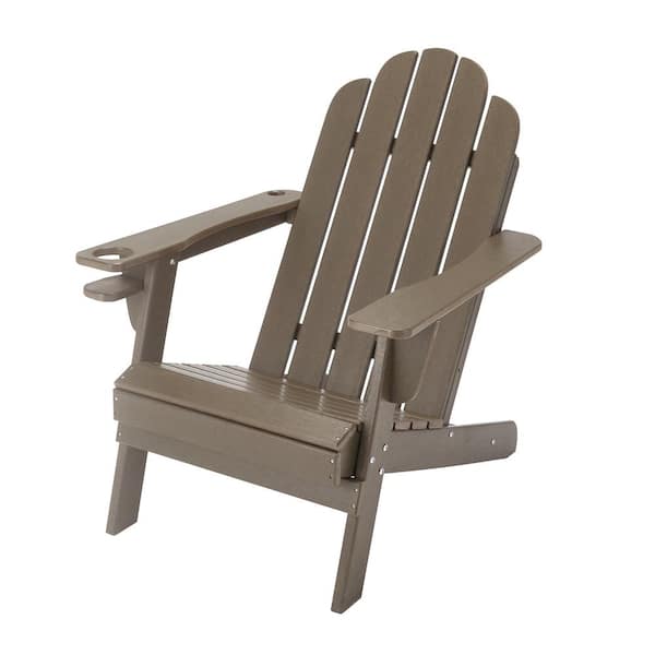 Mondawe HDPE Plastic Taupe Outdoor Patio Classic Adirondack Chair with Cup Holder and Umbrella Hole (1-Pack)