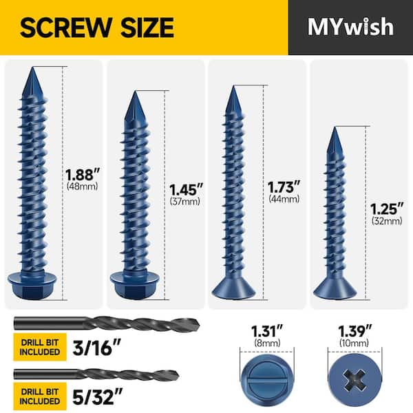 Concrete Screws with Drill Bits, Concrete Anchors and Screws Kit (200-Pack), Flat Pillips and Hex Head Masonry Screws