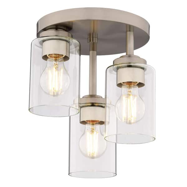 Park Ridge 10.5 in. 3-Light Satin Nickel Transitional Cylinder Flush Mount Lighting Fixture with Clear Glass Shade