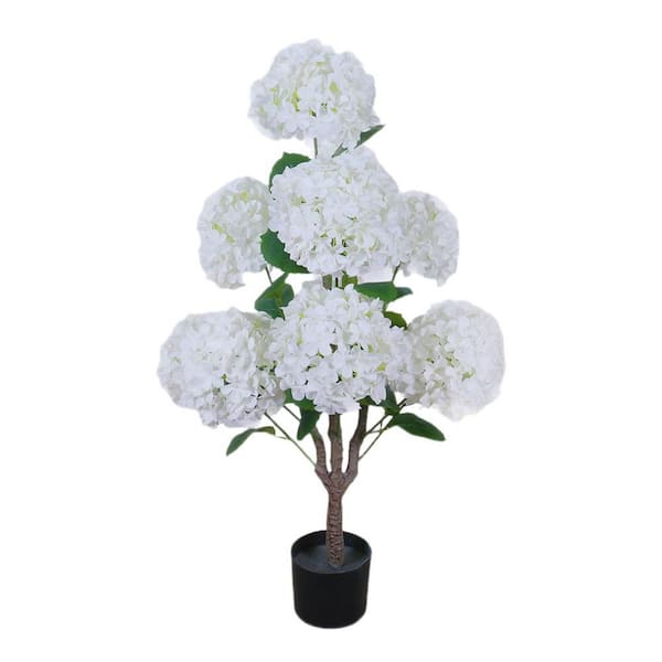 3 ft. Artificial Hydrangea Tree In Pot, Faux Tree With Flowers And Leaves, 36 in. Faux Hydrangea Flower
