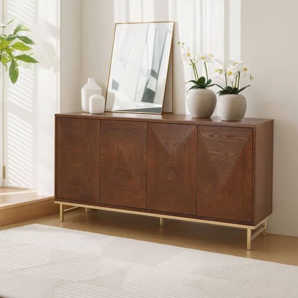 CHRISTOPHER KNIGHT HOME Benjamin Brown Wood 59.75 in. W Modern Buffet Storage Sideboard with Adjustable Shelves, Doors, Gold Metal Legs