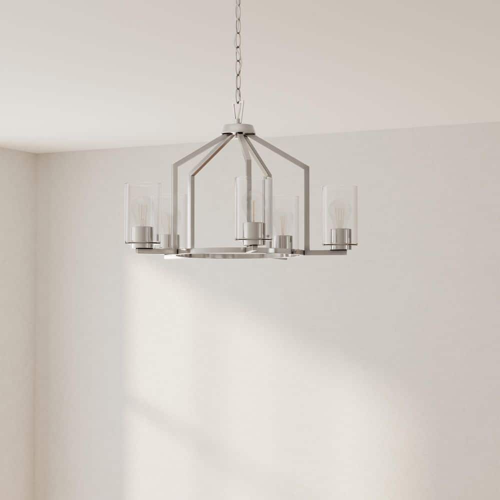 Brushed Nickel 5-Light Geometric Chandelier with Clear Glass Shades