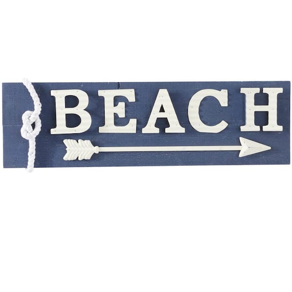 Litton Lane 28 in. x 9 in. Wood Blue Beach Sign Wall Decor 040689 - The ...