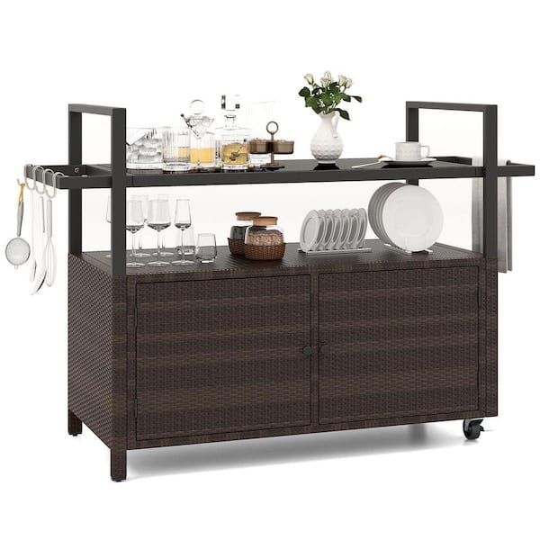 Brown Outdoor Bar Cart Wicker Buffet Kitchen Cart with Cabinet and 8-Hooks