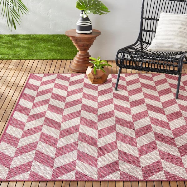 Patio Country Calla Pink/Ivory 5 ft. x 7 ft. Herringbone Indoor/Outdoor Area Rug
