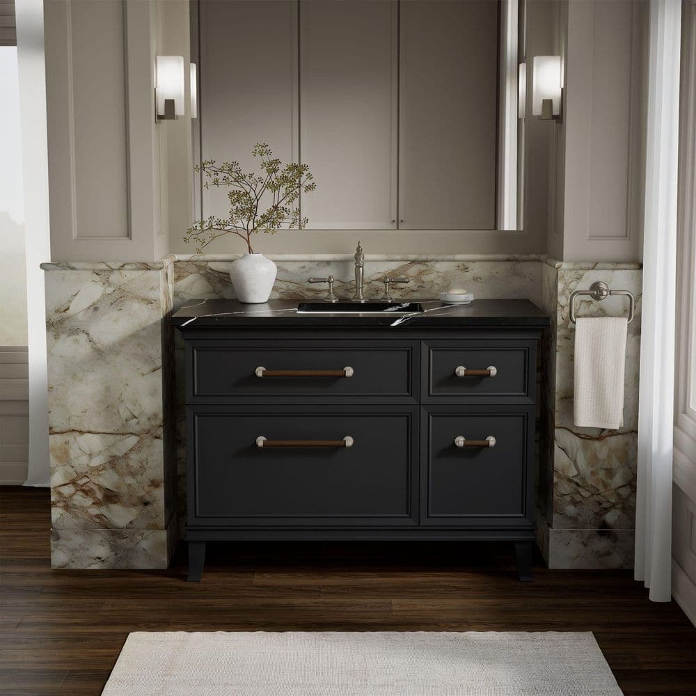 Artifacts 48 in. Freestanding Slate Grey Bath Vanity with Black Eternal Marquina Quartz Top And Nickel Hardware