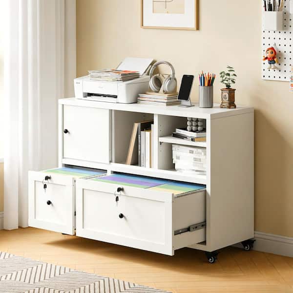 2-Drawer White Metal 39.30 in. W Mobile Lateral Office Storage with Lock File Cabinet