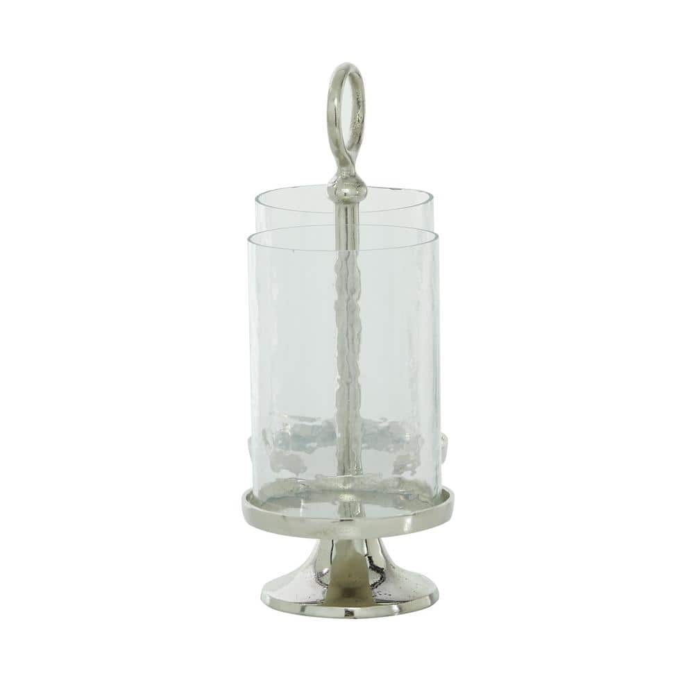 Contemporary Silver Aluminum & Glass Hurricane Candle Lantern - 14.4"