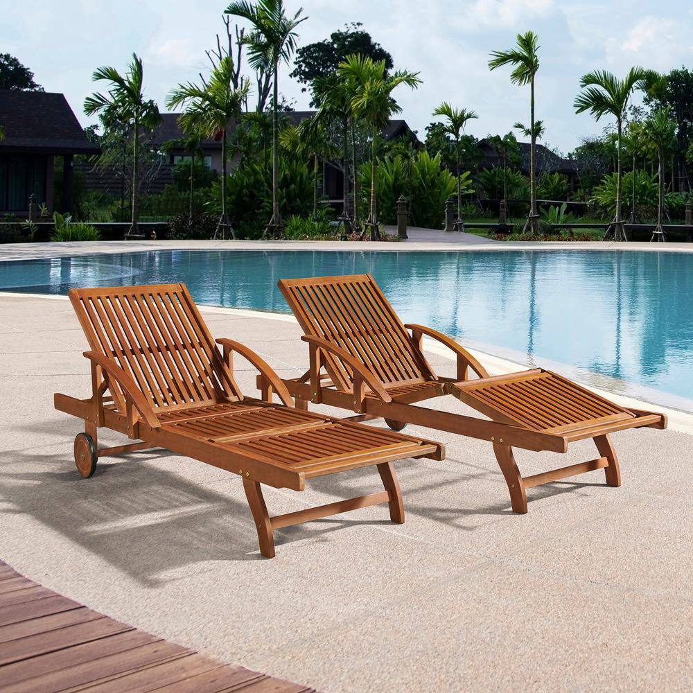 Caspian Eucalyptus Wood Outdoor Chaise Lounge Chair Set with Arms
