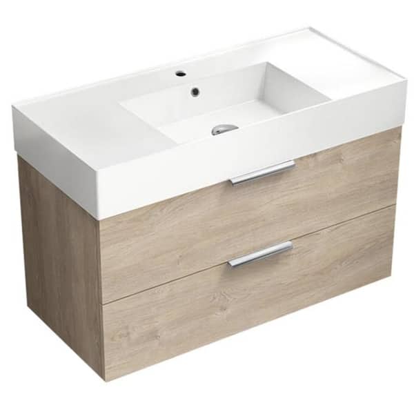 Nameeks Derin 39.53 in. W x 18.11 in. D x 25.2 H Single Sink Wall Mounted Bathroom Vanity in Brown oak with White Ceramic Top