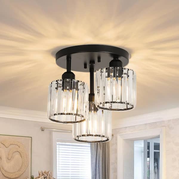 11.8 in. 3-Light Black Semi-Flush Mount Ceiling Light With Crystal Shade and No Bulbs Included