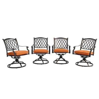 Cast Aluminum Outdoor Diamond-Mesh Arcuated Backrest Swivel Dining Chairs with Orange Cushions (Set of 4)