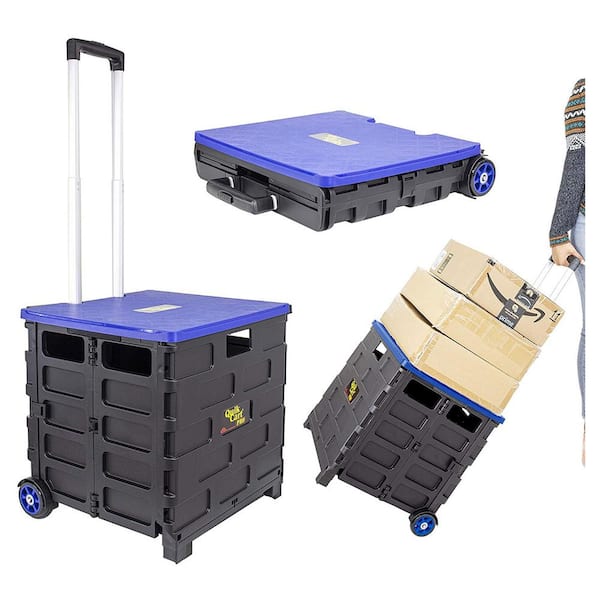 Unbranded Quik Cart Pro Collapsible Handcart Dolly with Lid Seat Stool, Blue