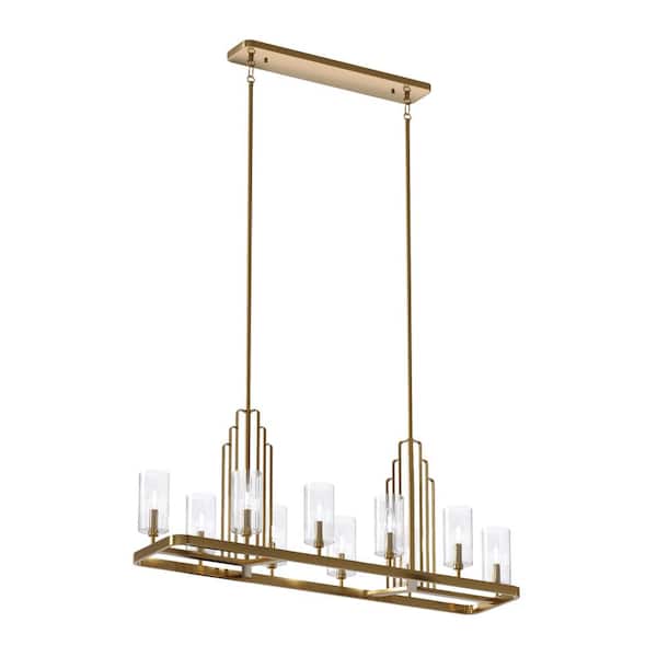 Kimrose 44.75 in. 10-Light Brushed Natural Brass Art Deco Candlestick Linear Chandelier for Dining Room
