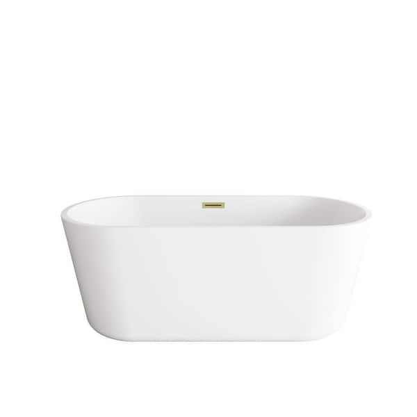 Unbranded Timeless Home 59 in. x 27.5 in. Soaking Bathtub with Center Drain in Glossy White with Brushed Gold Trim