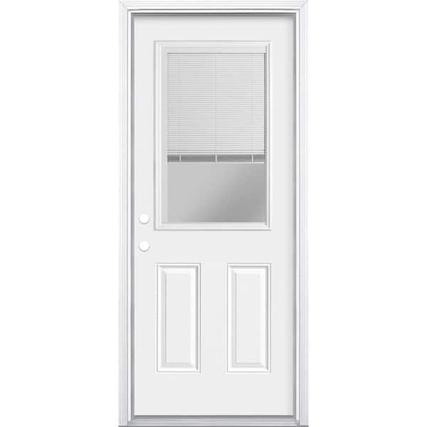 Masonite 32 in. x 80 in. Premium Clear 1/2-Lite Mini-Blind Right-Hand Inswing Primed Steel Prehung Front Door with Brickmold