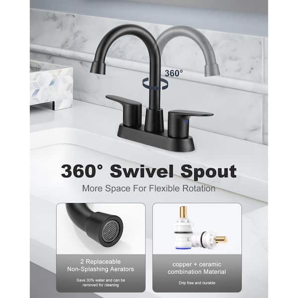 4 in. Centerset Double Handle Bathroom Faucet with Swivel Spout, Pop Up Drain and 24" Supply Lines in Matte Black