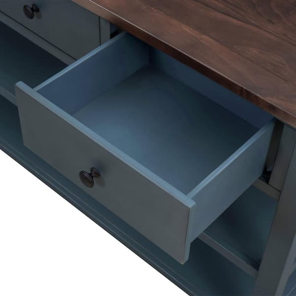 36 Retro Style Pine Console Table with 4 Drawers and 1 Storage Shelf, Blue  - ModernLuxe