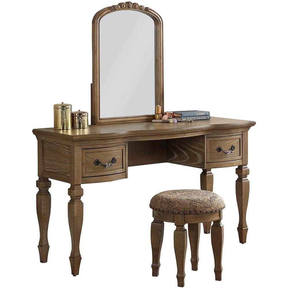Classic Oak Vanity Set Wooden Carved Mirror Stool 60 in. H x 54 in. W x 19 