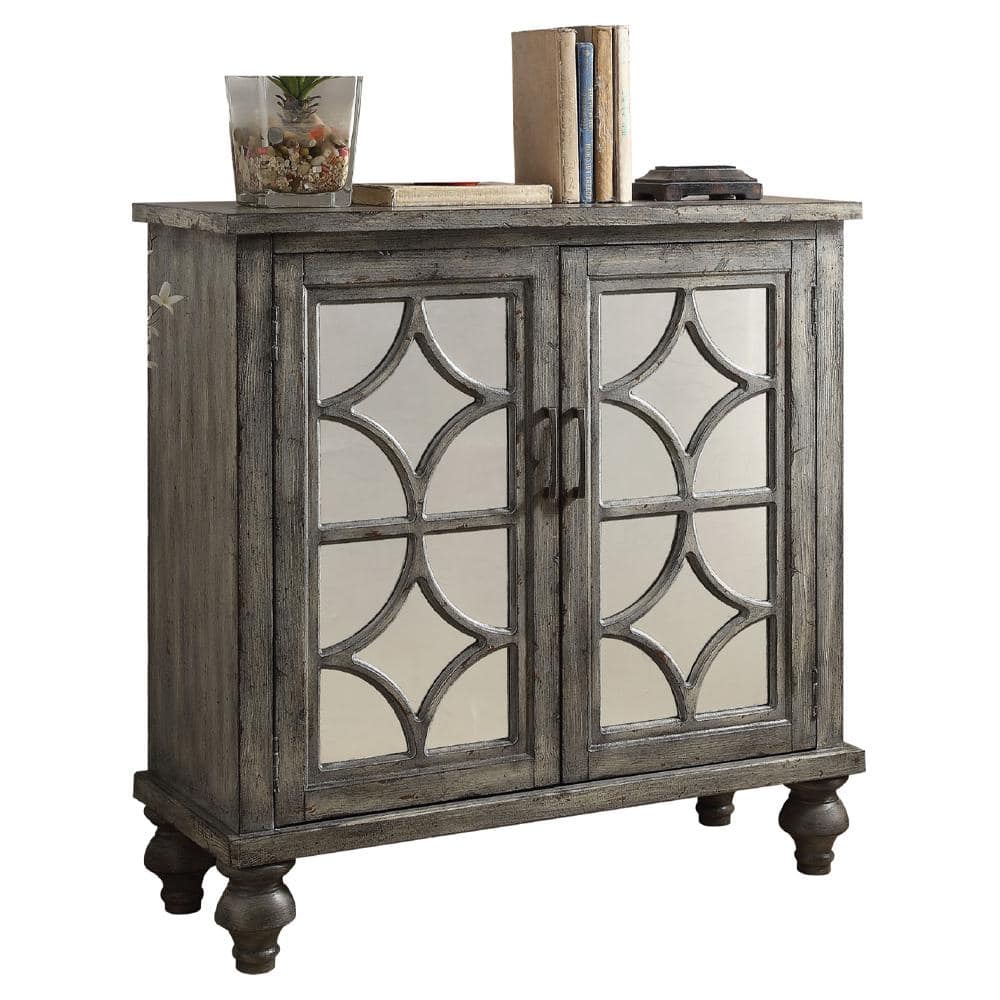 Velika Weathered Gray Mirrored Wood Console Table with Storage