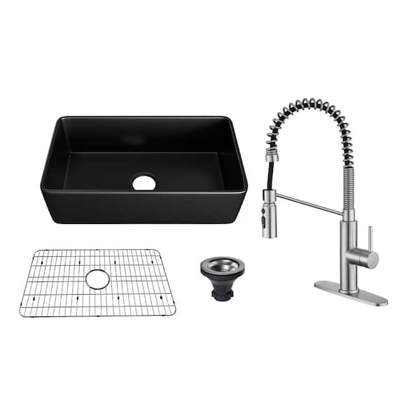 All-in-One 33 in. Farmhouse/Apron-Front Single Bowl Fireclay Kitchen Sink with Kitchen Faucet, Grid, and Basket Strainer