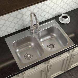 2000 Series Stainless Steel 33 in. 1-Hole Double Bowl Drop-In Kitchen Sink with 8 in. Depth