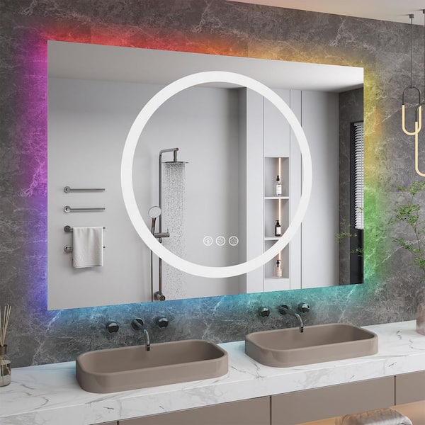 Apmir 48 in. W x 36 in. H Rectangular Frameless RGB BackliT, LED Frontlit Anti-Fog Tempered Glass Wall Bathroom Vanity Mirror