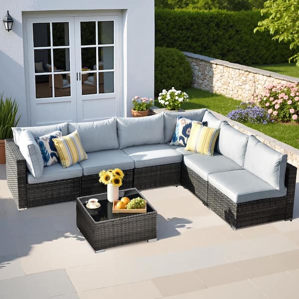 HOOOWOOO Messi Gray 7-Piece Wicker Outdoor Patio Conversation Sectional Sofa Set with Gray Cushions