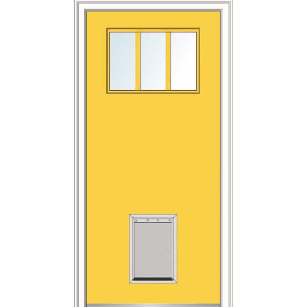 MMI Door 32 in. x 80 in. Classic Left-Hand Inswing 3-Lite Clear Painted Fiberglass Smooth Prehung Back Door with Large Pet Door