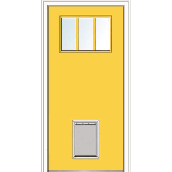 MMI Door 32 in. x 80 in. Classic Right-Hand Inswing 3-Lite Clear Painted Fiberglass Smooth Prehung Back Door with Large Pet Door