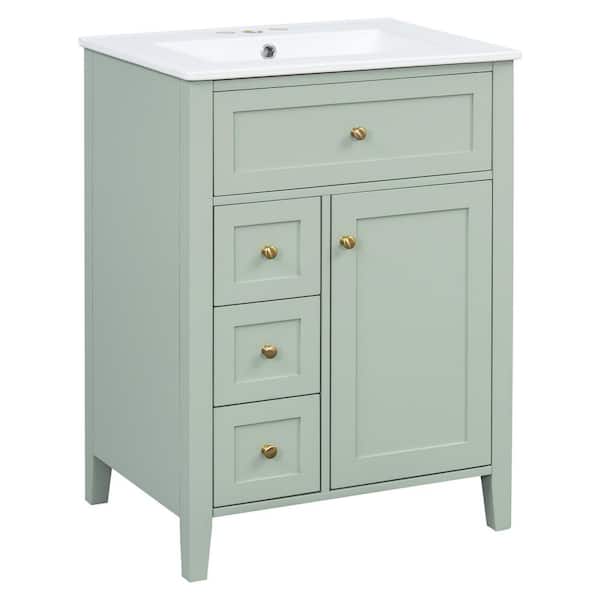 24 in. Green Wood Rectangle Vessel Sink Bathroom Vanity Combo with Adjustable Shelves, 3 Drawers