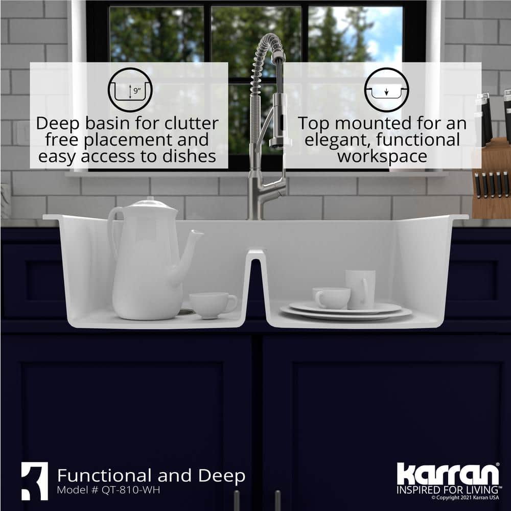 White Quartz 33'' Double Bowl Drop-In Kitchen Sink