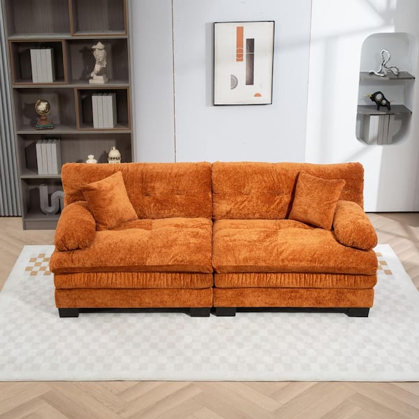 84 in. Dual-Layer Modular Chenille Rectangle Deep Seat Pillow Top Arm Sectional Sofa in Orange