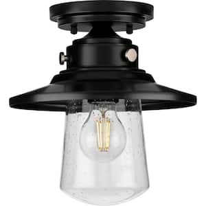 Tremont Collection 1-Light Matte Black Clear Seeded Glass Farmhouse Semi-Flush Mount Ceiling Light